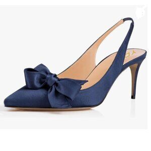 YDN Blue Pointed Toe Bow Slingback Stiletto Heels Evening Prom Satin Pumps